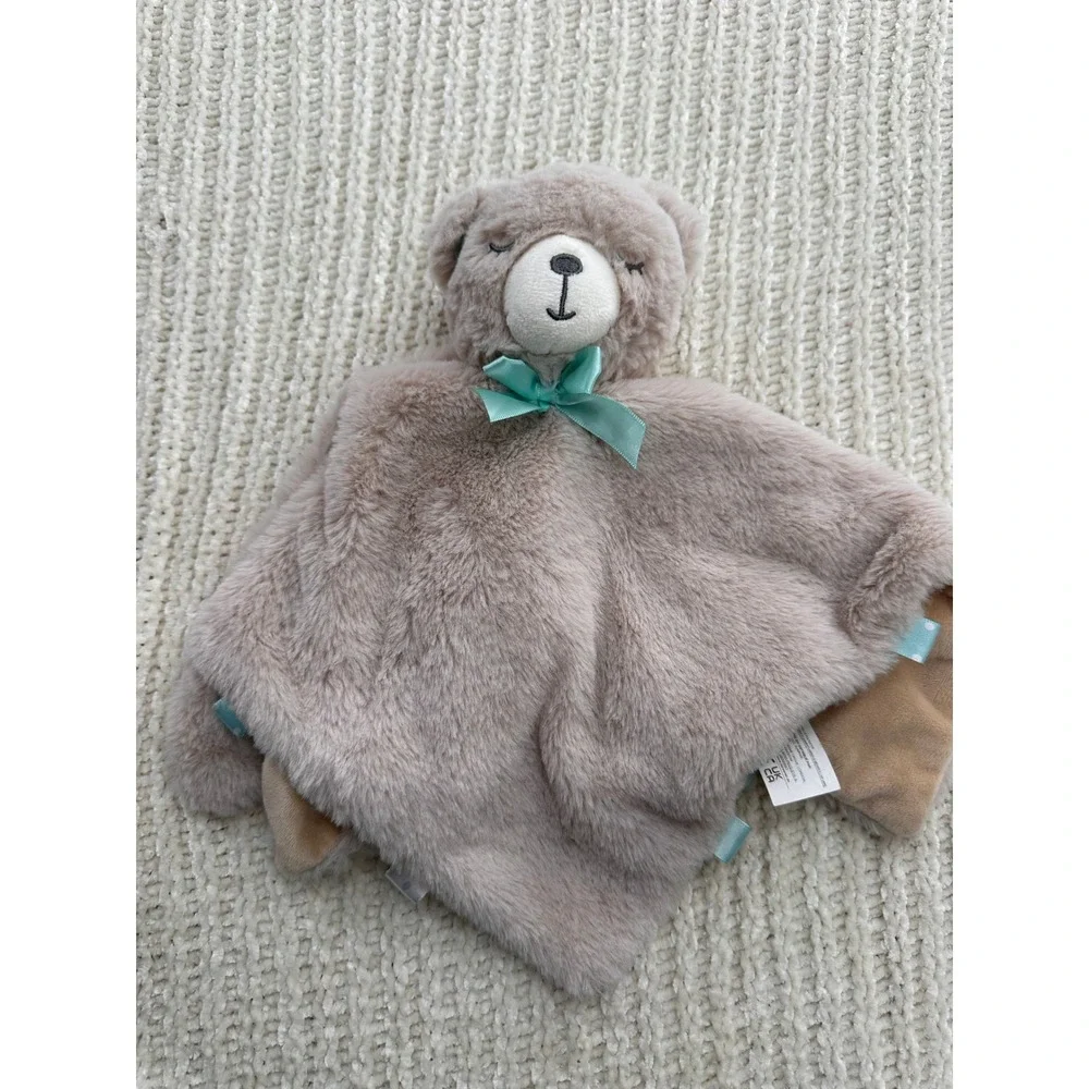 Kellytoy Plush Bear Security Blanket Taggie Lovey Tan Brown Teal Bow 13x13‎